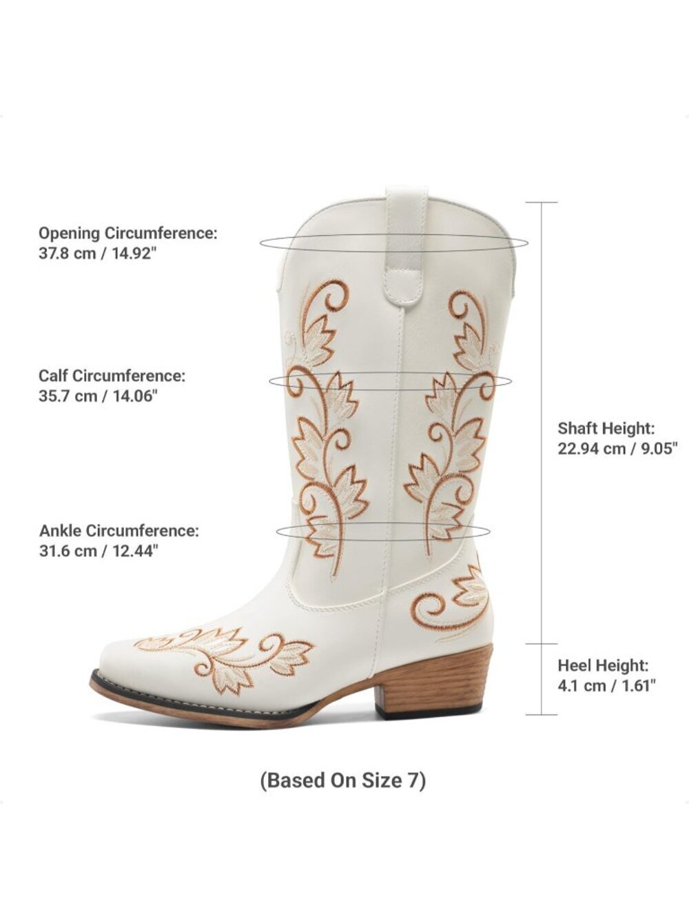 Women's White Cowboy Cowgirl Western Mid Calf Boots Square Toe Embroidered - Picture 4 of 6